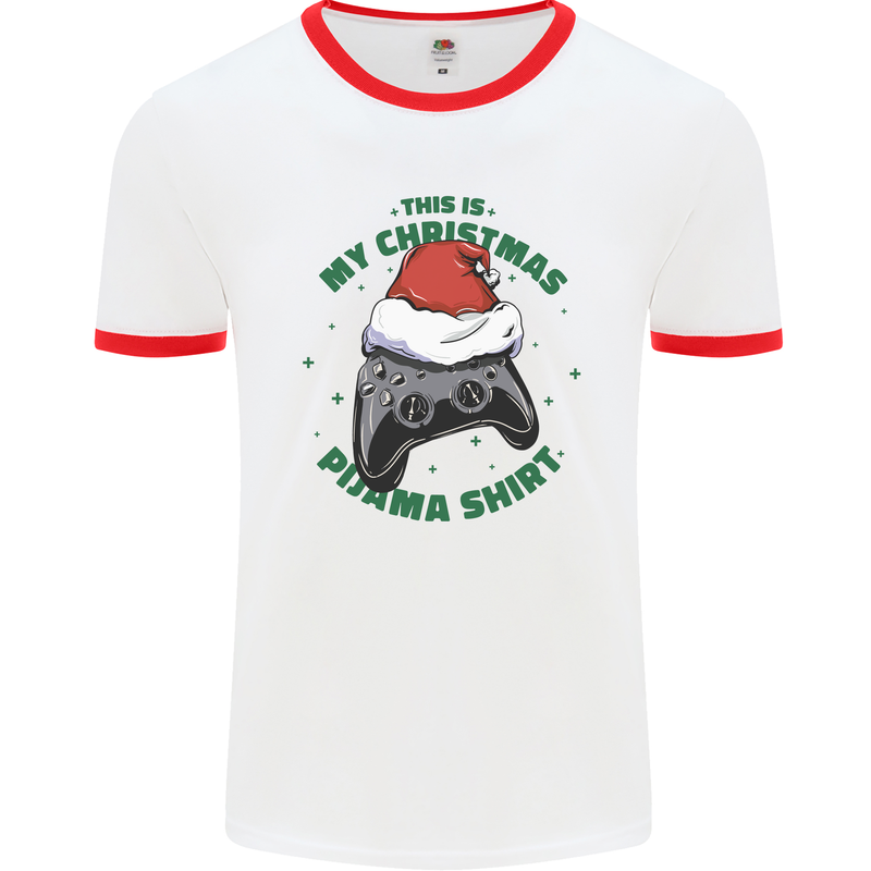 Christmas Gamer Pyjama Video Game Joypad Xmas Mens Ringer T-Shirt White/Red