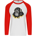 Monkey DJ Headphones Music Mens L/S Baseball T-Shirt White/Red