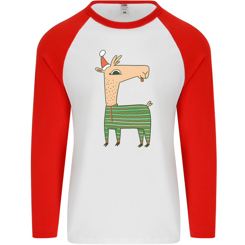 A Christmas Llama Wearing an Xmas Hat Mens L/S Baseball T-Shirt White/Red