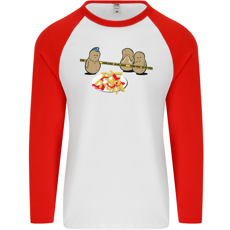 Potato Murder Funny Food BBQ Chef Mens L/S Baseball T-Shirt White/Red