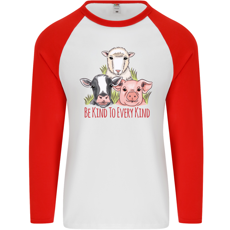Vegan Kind to Ever Kind Vegetarian Mens L/S Baseball T-Shirt White/Red