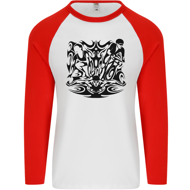 Tribal Triathlon Swimming Running Cycling Mens L/S Baseball T-Shirt White/Red