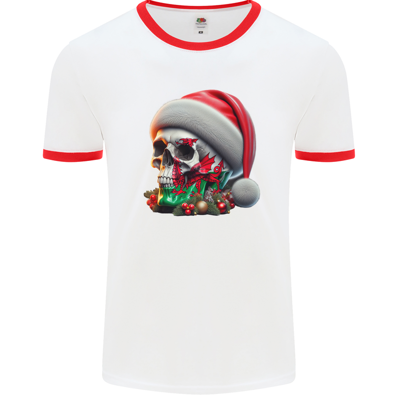 Wales Christmas Skull Xmas Welsh Flag Rugby Mens Ringer T-Shirt White/Red