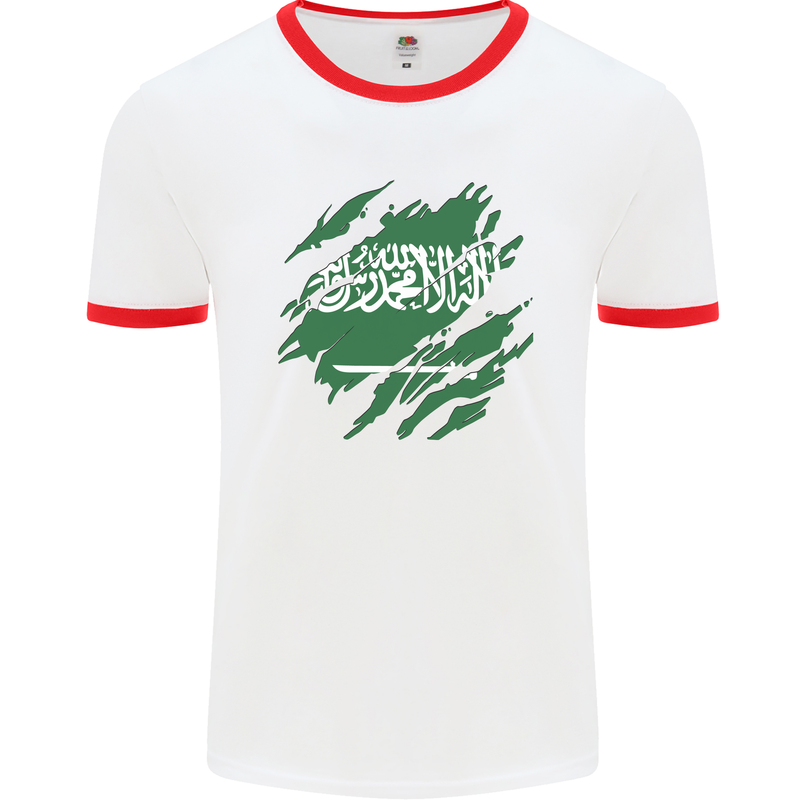 Torn Saudi Arabia Flag Arabian Day Football Mens Ringer T-Shirt White/Red