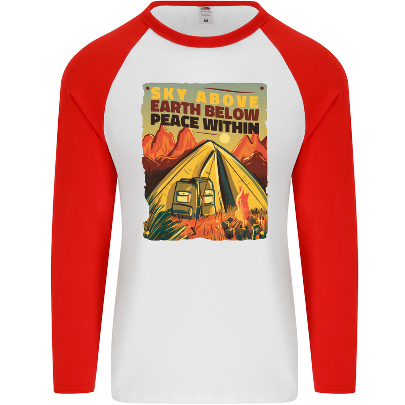 Camping Sky Above Trekking Outdoors Mens L/S Baseball T-Shirt White/Red