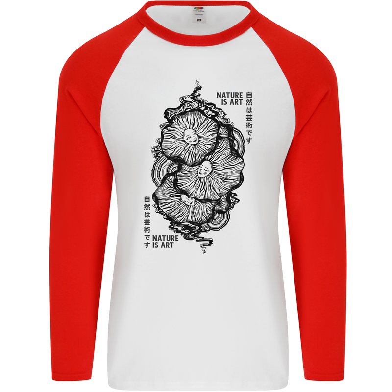 Nature is Art Mushroom Fungi Mycology Mens L/S Baseball T-Shirt White/Red