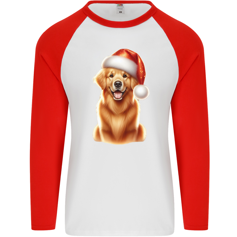 Christmas Golden Retriever Dog Xmas Hat Mens L/S Baseball T-Shirt White/Red