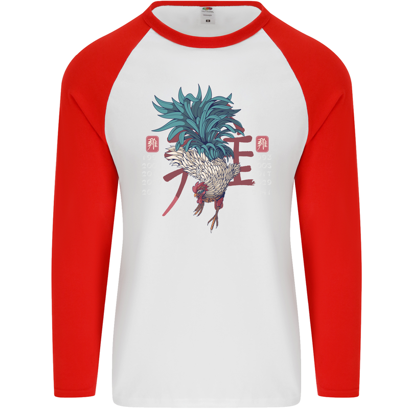 Chinese Zodiac Year of the Rooster Mens L/S Baseball T-Shirt White/Red