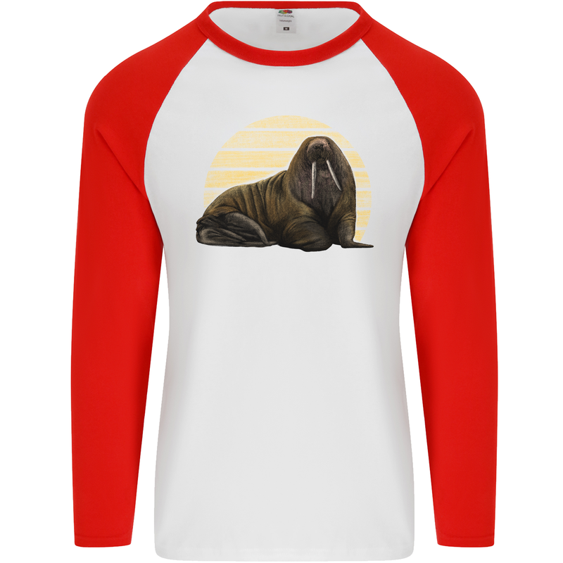 A Walrus Painting Mens L/S Baseball T-Shirt White/Red