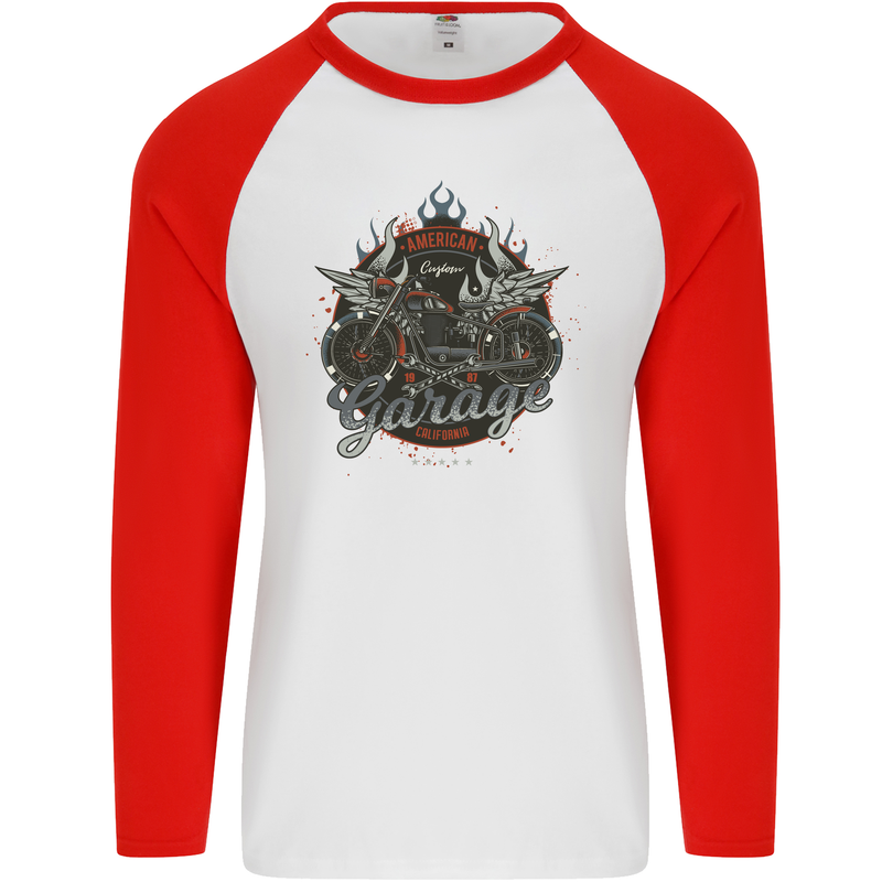 American Custom Garage Biker Motorcycle Mens L/S Baseball T-Shirt White/Red