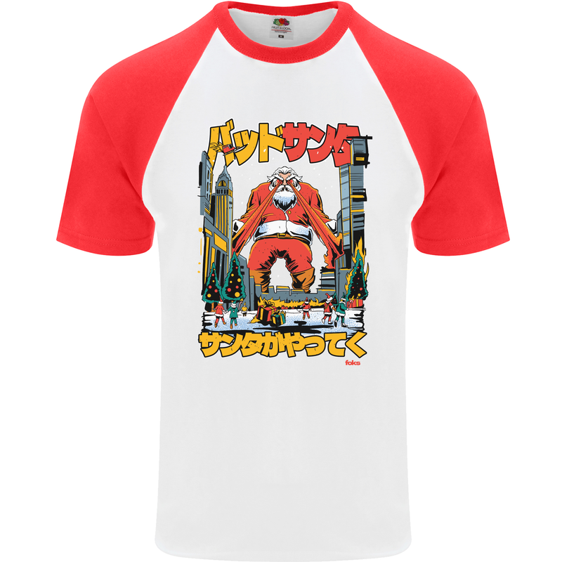 Christmas Destructive Santa Japan Anime Xmas Mens S/S Baseball T-Shirt White/Red