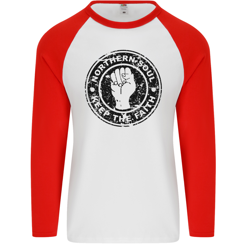Northern Soul Keeping the Faith Mens L/S Baseball T-Shirt White/Red