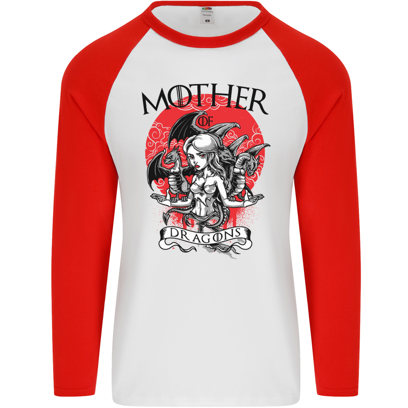 Mother of Dragons GOT Mens L/S Baseball T-Shirt White/Red