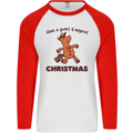 Gingerbread Man Unicorn Christmas Mens L/S Baseball T-Shirt White/Red