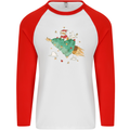 Christmas Cat Space Rocket Xmas Tree Ship Mens L/S Baseball T-Shirt White/Red