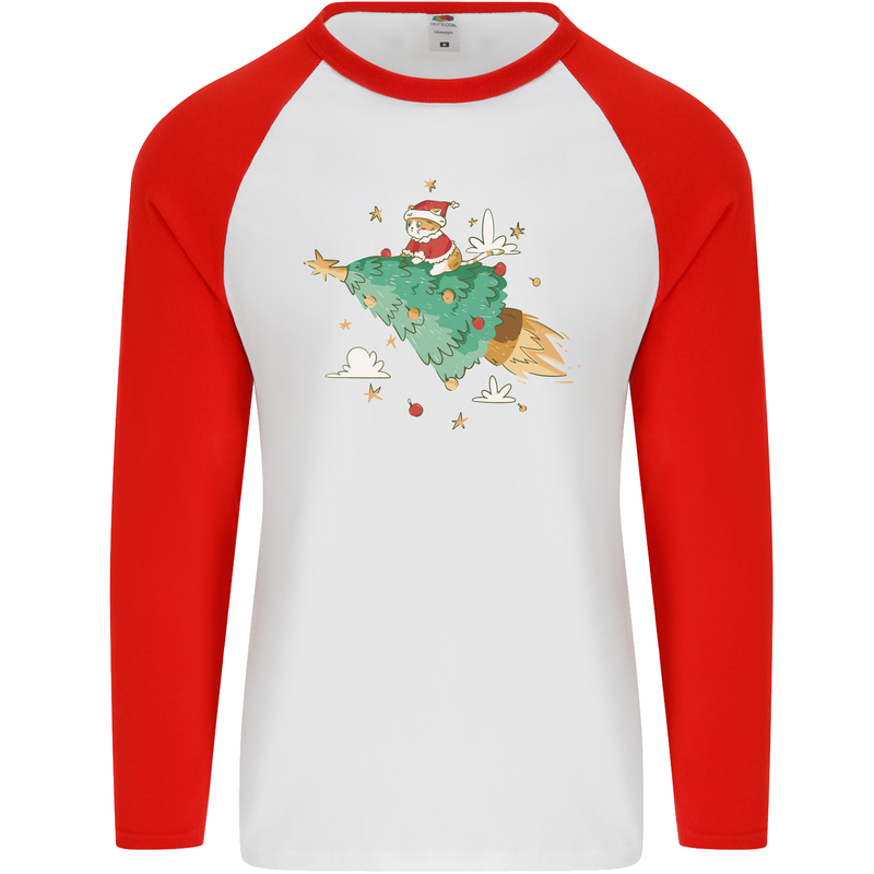 Christmas Cat Space Rocket Xmas Tree Ship Mens L/S Baseball T-Shirt White/Red