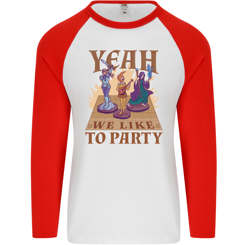 RPG Yeah We Like to Party Role Playing Game Mens L/S Baseball T-Shirt White/Red