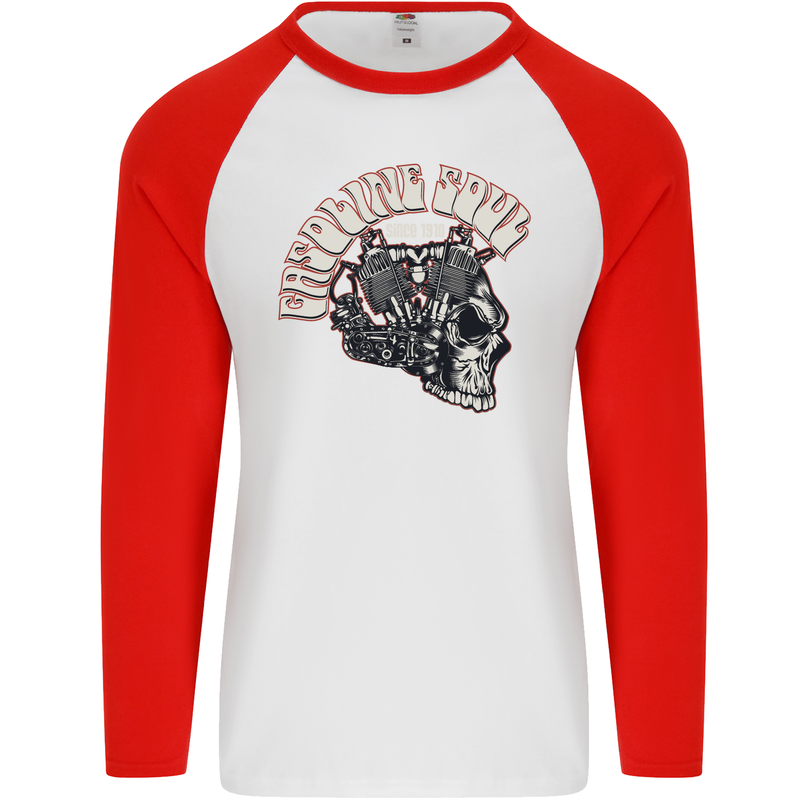 Gasoline Soul Biker Skull Motorbike Chopper Mens L/S Baseball T-Shirt White/Red