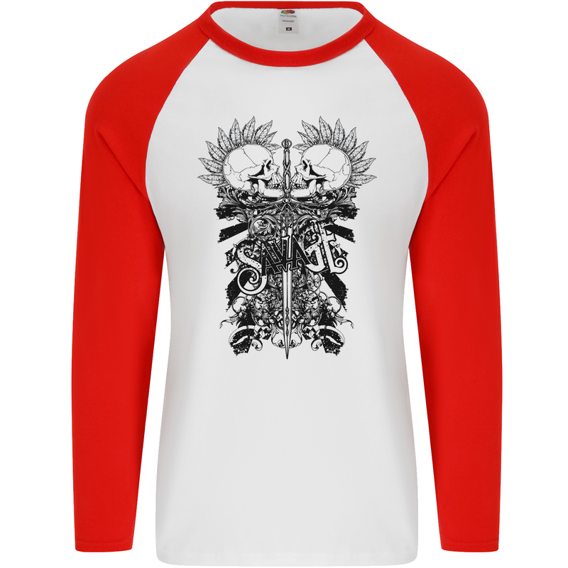 Savage Two Punk Skulls Biker Motorbike Mens L/S Baseball T-Shirt White/Red