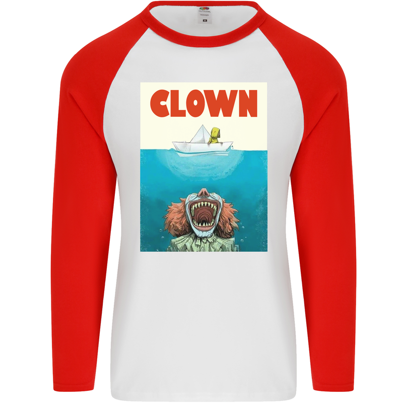 Jaws Funny Parody Clown Halloween Horror Mens L/S Baseball T-Shirt White/Red