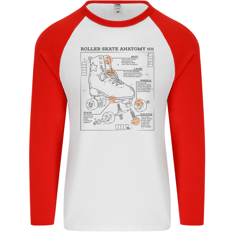 Roller Skating Boot Blueprint Mens L/S Baseball T-Shirt White/Red