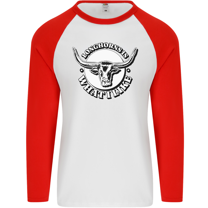 Longhorns is What I Like Cow Cattle Mens L/S Baseball T-Shirt White/Red