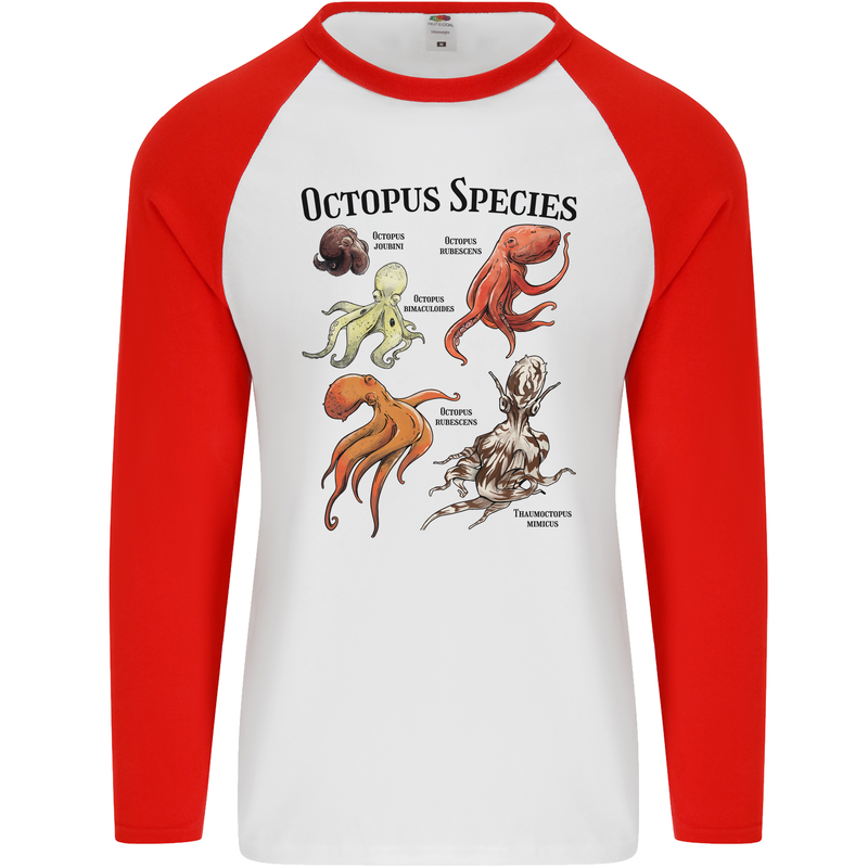 Octopus Species Sealife Scuba Diving Mens L/S Baseball T-Shirt White/Red