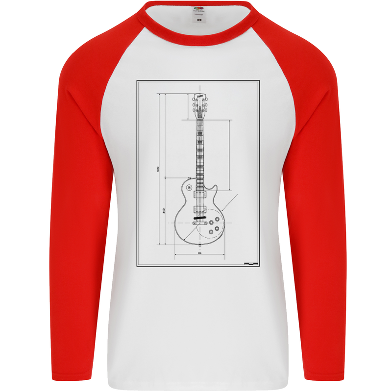 Guitar Blueprint Guitarist Electric Mens L/S Baseball T-Shirt White/Red