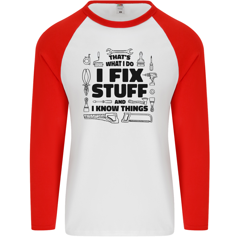 I Fix Stuff Funny Handyman Tradesman DIY Mens L/S Baseball T-Shirt White/Red