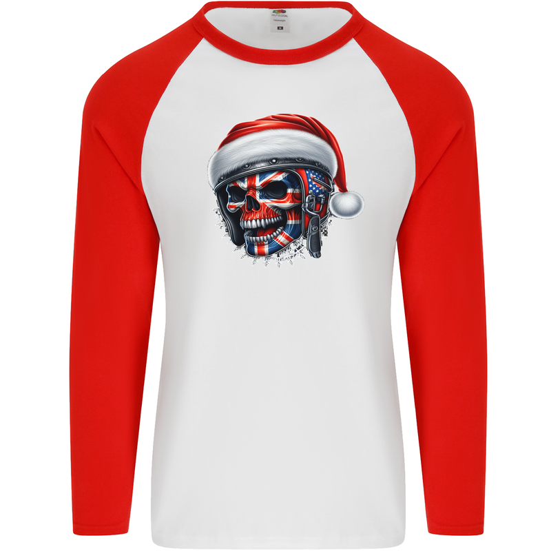 Union Jack Christmas Biker Skull British Flag Mens L/S Baseball T-Shirt White/Red