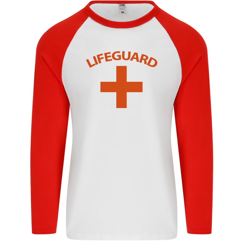 Lifeguard Fancy Dress Outfit Costume Mens L/S Baseball T-Shirt White/Red