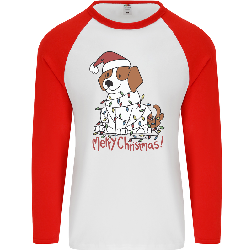 Christmas Beagle Funny Dog Xmas Mens L/S Baseball T-Shirt White/Red