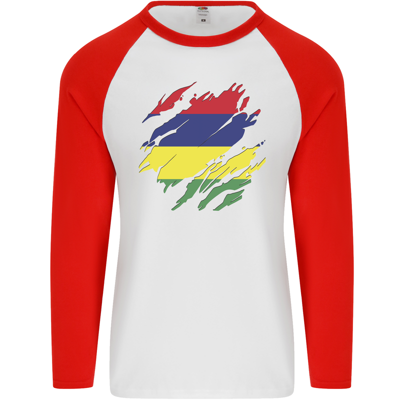 Torn Mauritius Flag Mauritians Day Football Mens L/S Baseball T-Shirt White/Red