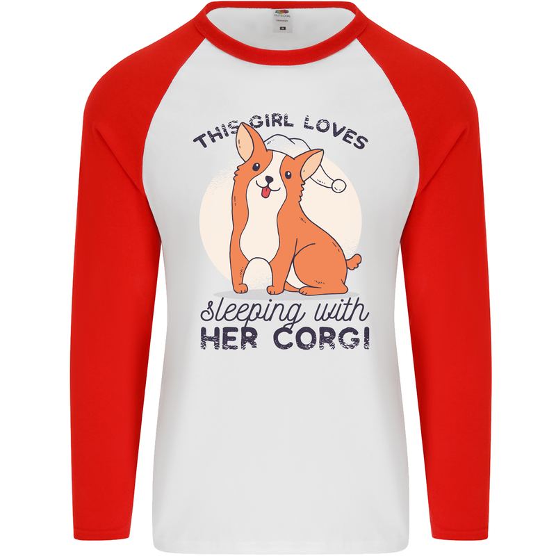 Sleeping With Her Corgi Funny Mens L/S Baseball T-Shirt White/Red