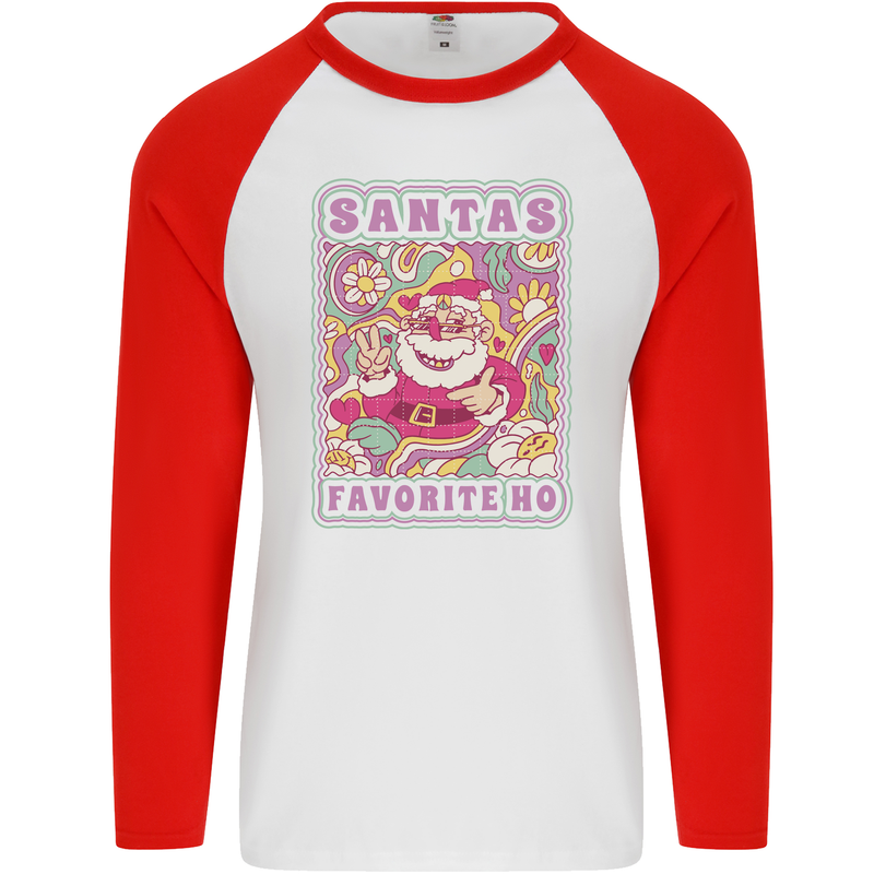 Santa's Favourite HO Funny Hippy Trippy Christmas Mens L/S Baseball T-Shirt White/Red