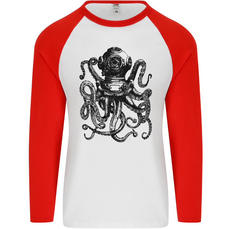 Scuba Octopus Diver Dive Diving Mens L/S Baseball T-Shirt White/Red