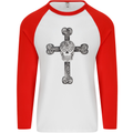 Day of the Dead Sugar Skull Cross Mens L/S Baseball T-Shirt White/Red