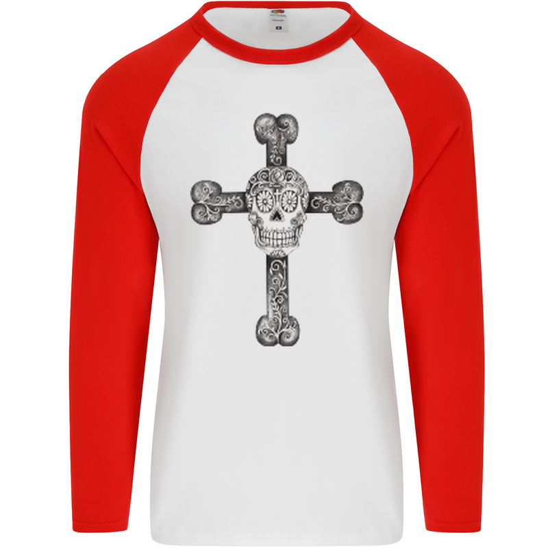Day of the Dead Sugar Skull Cross Mens L/S Baseball T-Shirt White/Red