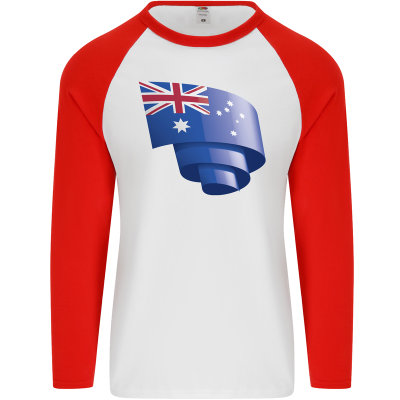 Curled Australia Flag Australian Day Football Mens L/S Baseball T-Shirt White/Red