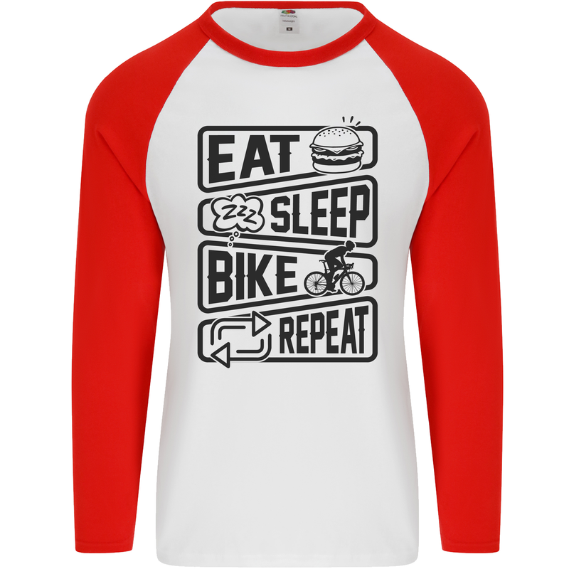 Cycling Eat Sleep Bike Repeat Funny Bicycle Mens L/S Baseball T-Shirt White/Red