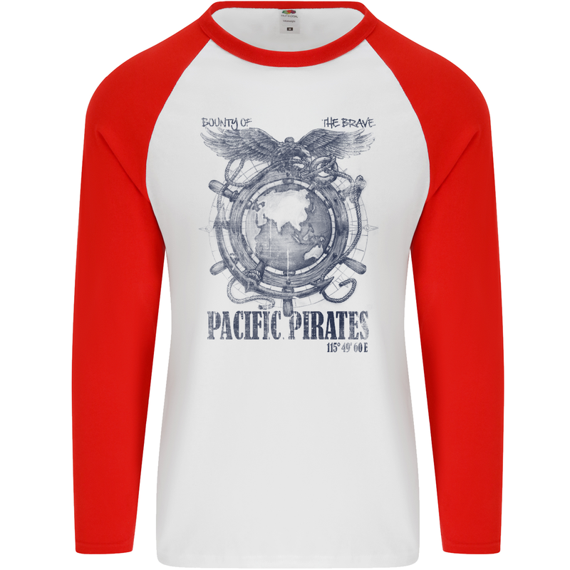 Pacific Pirates Sailing Sailor Boat Mens L/S Baseball T-Shirt White/Red