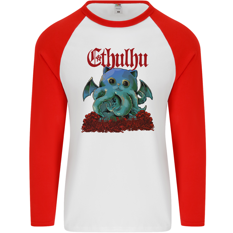 Cathulhu Funny Cat Cthulhu Parody Kraken Mens L/S Baseball T-Shirt White/Red