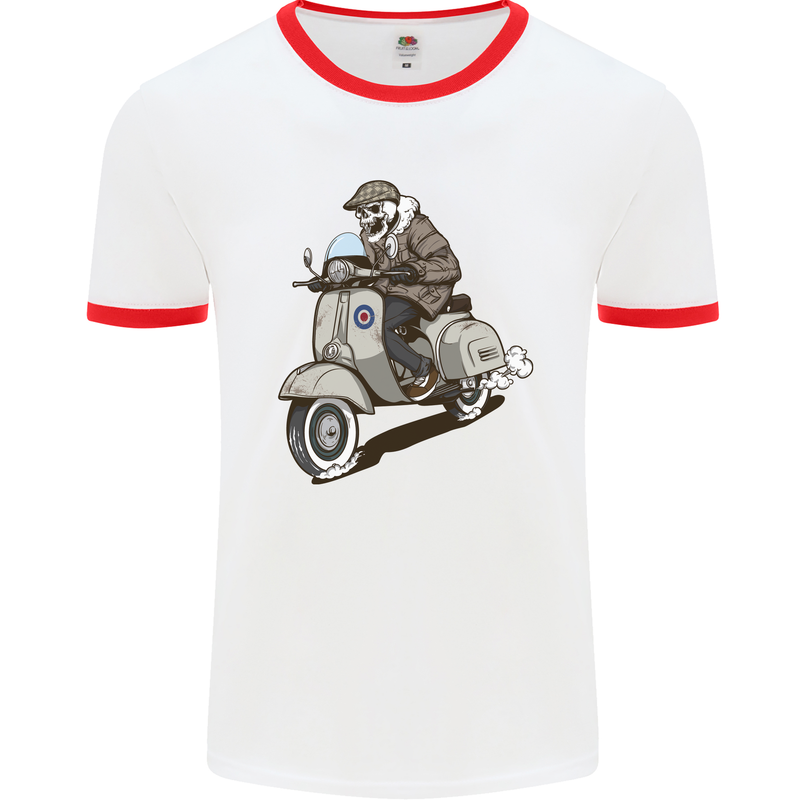 Scooter Skull Motorcycle Biker MOD Mens Ringer T-Shirt White/Red