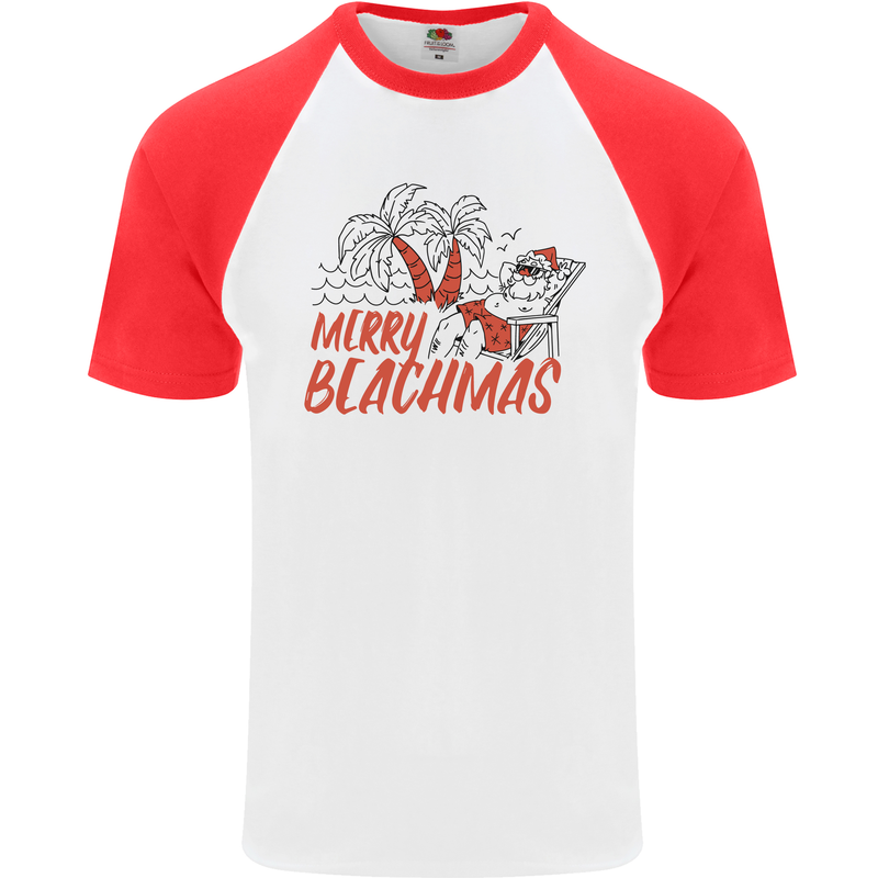 Merry Beachmas Funny Summer Santa Claus Mens S/S Baseball T-Shirt White/Red