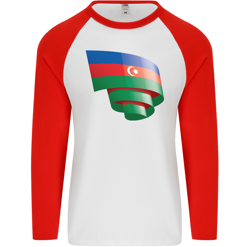 Curled Azerbaijan Flag Azerbaijani Day Football Mens L/S Baseball T-Shirt White/Red