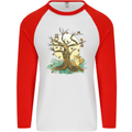 An Owl and Fox Tree Nature Ecology Mens L/S Baseball T-Shirt White/Red