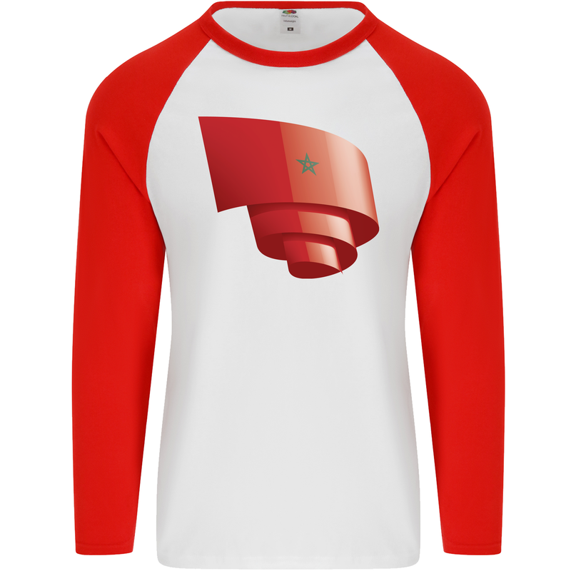 Curled Morocco Flag Moroccan Day Football Mens L/S Baseball T-Shirt White/Red