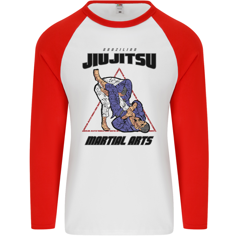 Jiu jitsu Word Cloud MMA Mixed Martial Arts Mens L/S Baseball T-Shirt White/Red