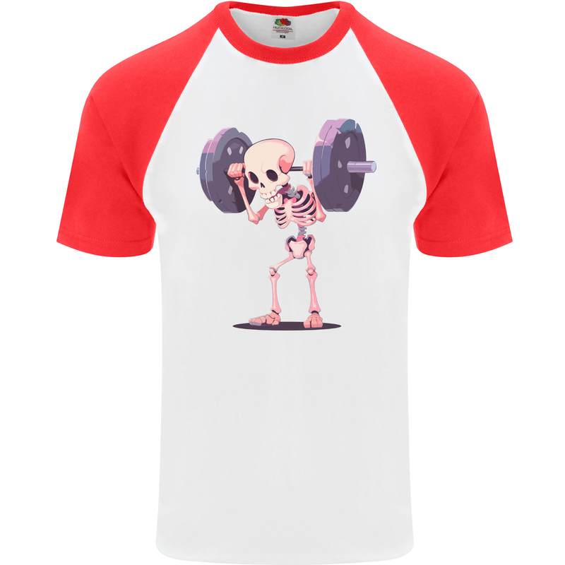 Gym Skeleton Bodybuilding Training Top Mens S/S Baseball T-Shirt White/Red