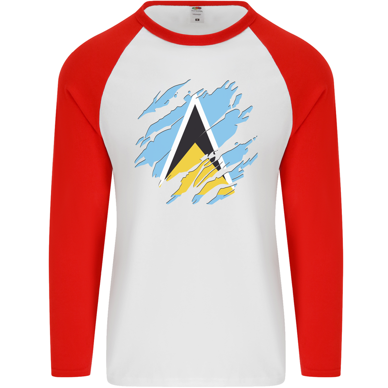 Torn Saint Lucia Flag Lucian Day Football Mens L/S Baseball T-Shirt White/Red